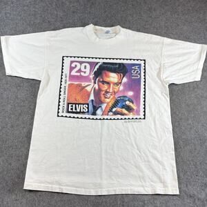 VINTAGE 1992 Elvis Presley Stamp Shirt Mens White Rock And Roll Single Stitch XL